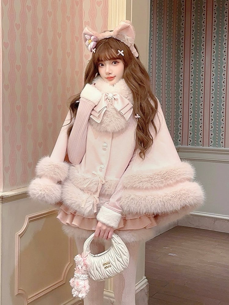 Bow Fur-Trimmed Pink Fleece With Accents Faux Cloak