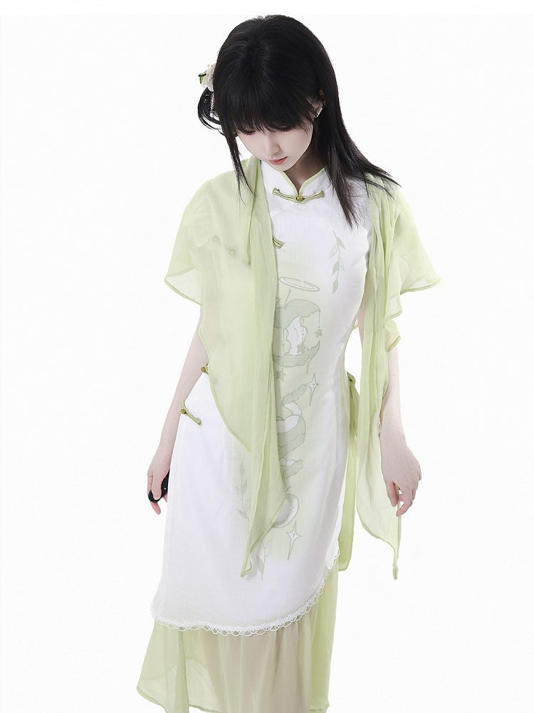 Banded Dress Qipao Collar Apple Print Cheongsam Style Buttons Green Knot