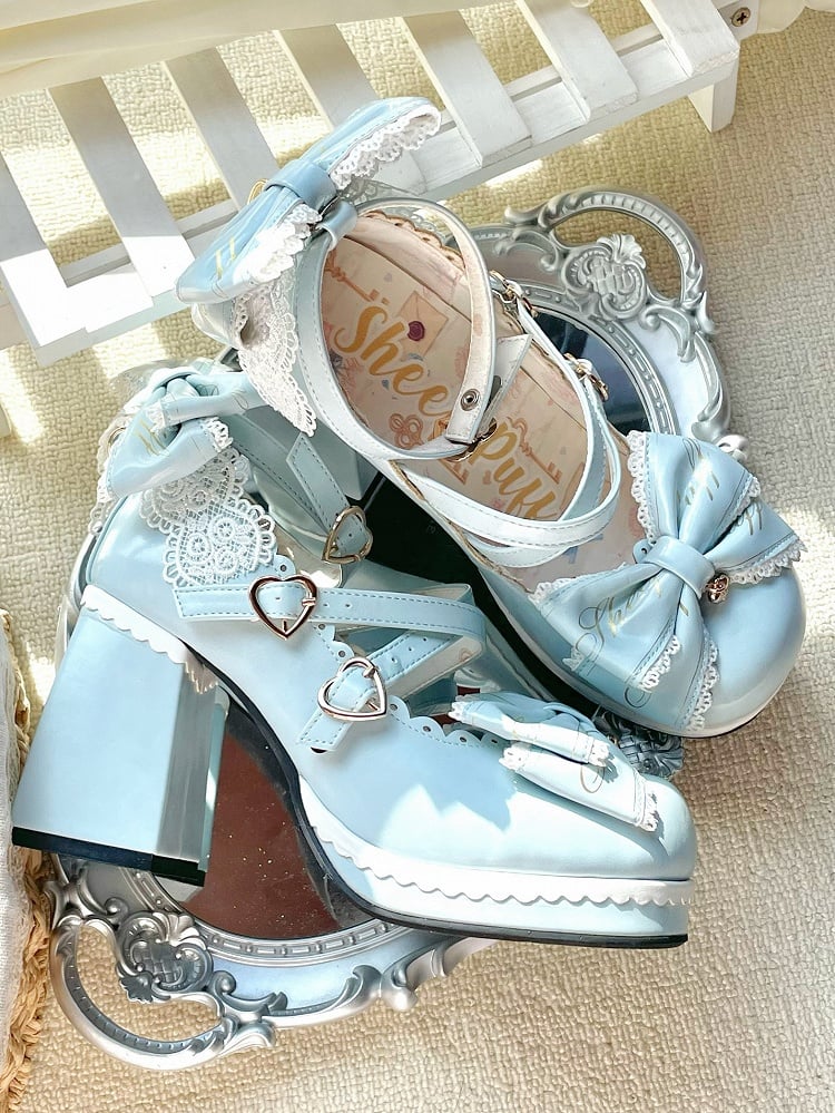 Heels Heart at Block High Buckles Blue Bow Crisscross Design Detachable Top