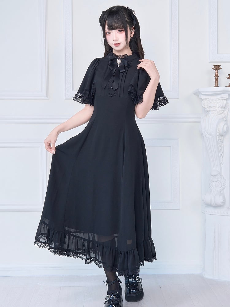 Langes Kleid mit Spitzenbesatz und kostenloser Schleifenbrosche, Jirai Kei, ganz in Schwarz