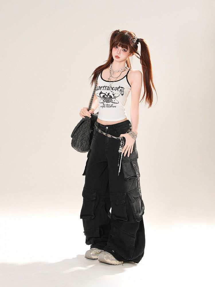 Low Blue/Black Waist Cargo Pockets Wide-Leg Jeans