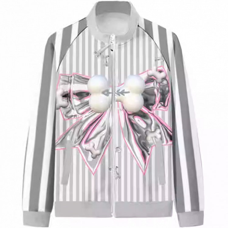 Muster Gestreift Mode Gyaru Grau Jacke Bogen Knochen Big Print