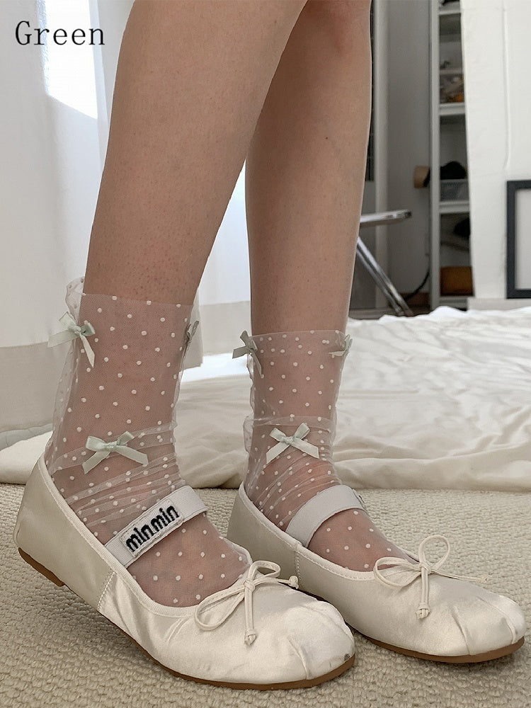 White/Black/Brown/Gray/Purple/Green Details Socks Pattern Bowknot Polka-dot Calf