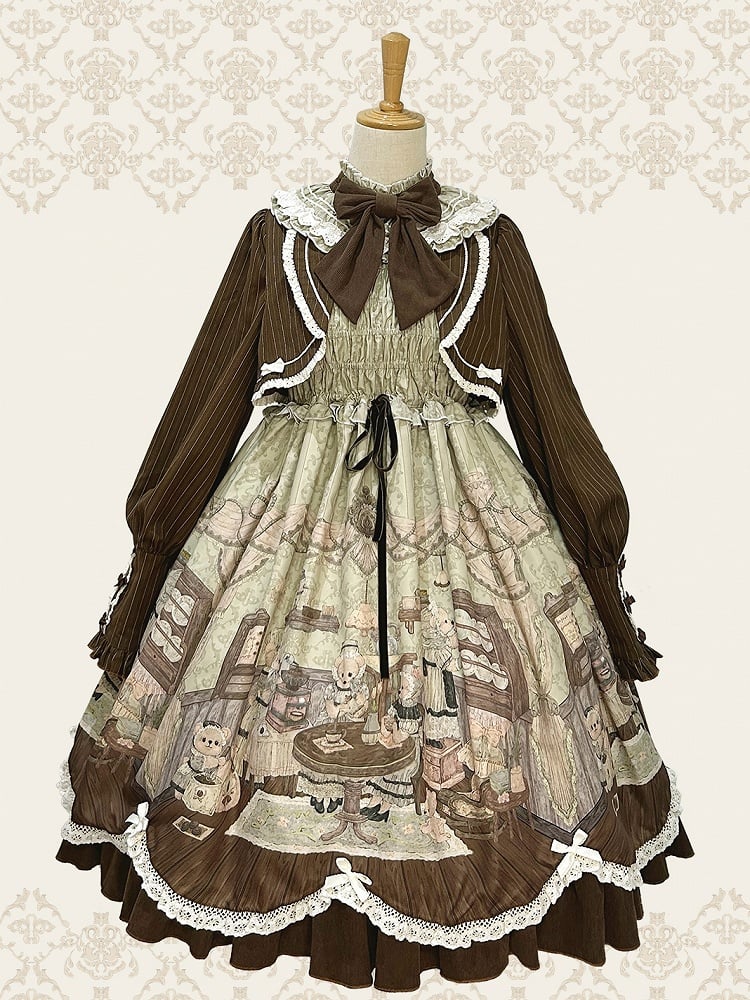 Print Lolita Two Teddy House Pieces Dress Coffee Design Long Green Sleeves Fake