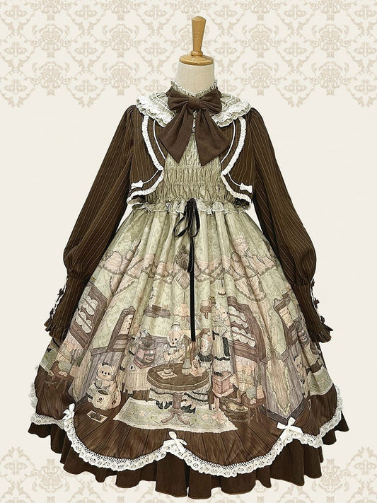Drucken Lolita Zwei Teddy Haus Stücke Kleid Kaffee Design Lange Grüne Ärmeln
