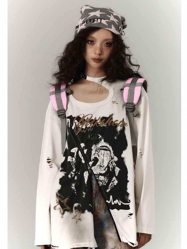 Zipper and Detail White Distressed Top with Cutout Shoulder