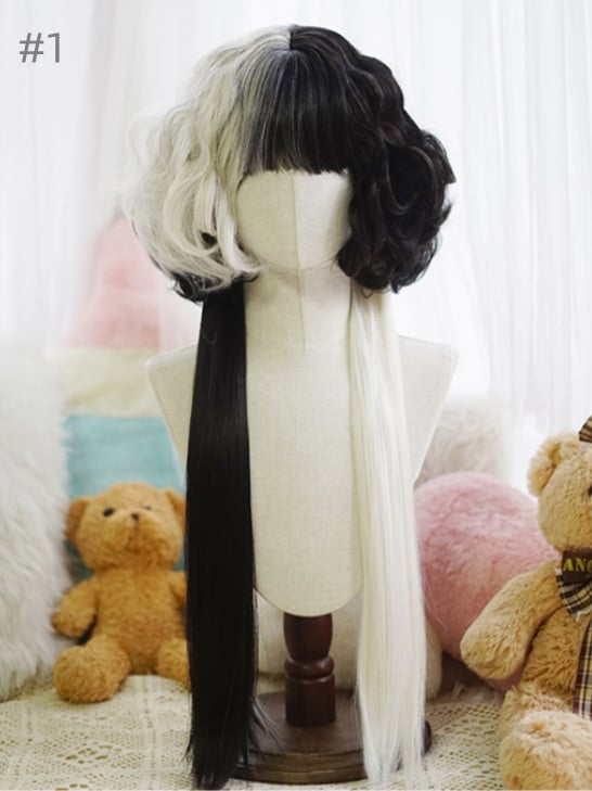 Split Color Waist Length Curly Wig With Full Bangs