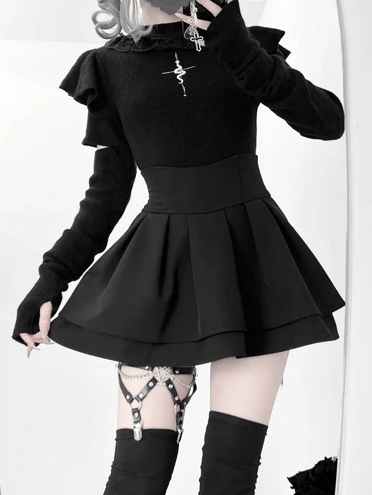 Knit Top with Snake Embroidery Mock Neck Gothic Flutter and Sleeves Black