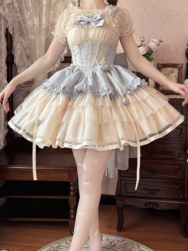 Beige Corset Waist Big JSK Lace-up Sweet Lolita Balletcore Dress Train Bow and with Blue