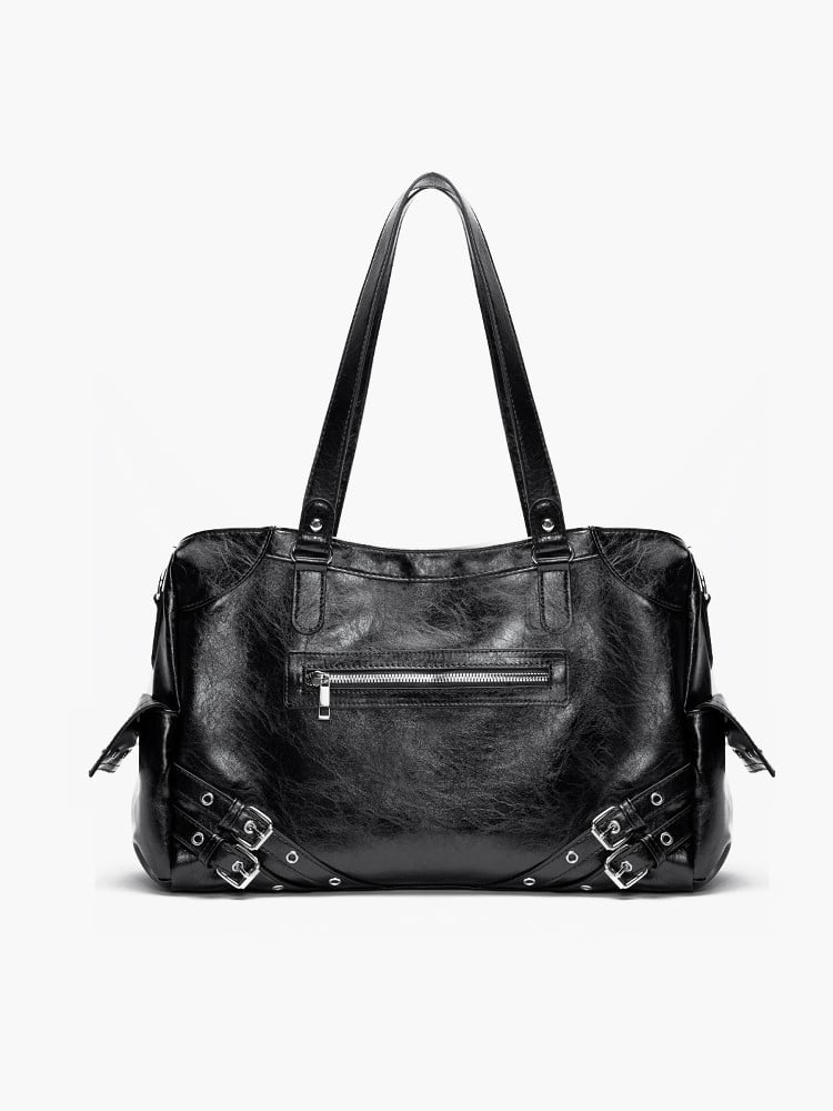 Bag Capacity Studded Tote With Strap AccentsLarge Black Buckle