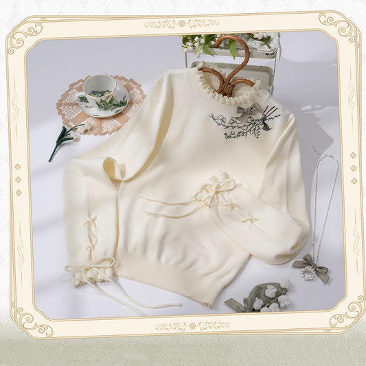 Autumn Cuffs Top Lily the of Knit Beige Lace-up Embroidery Valley