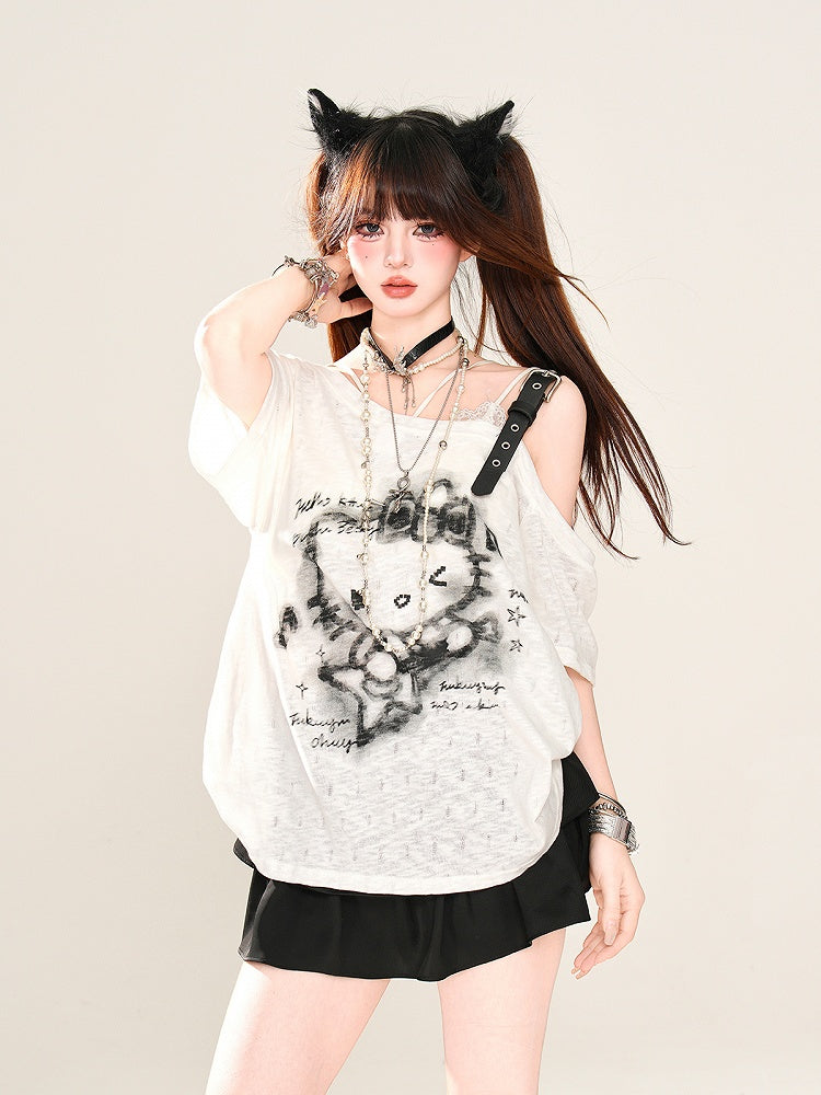 Semi-sheer Asymmetrical Neckline Buckle Strap T-Shirt Kitty Print Black/White/Gray