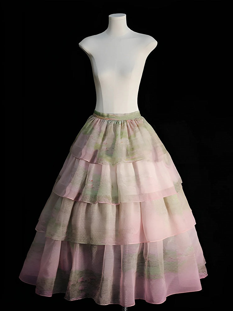 Sky Organza Tiered Skirt Blue/Light Pink/Purple/Green Oil Painting Print