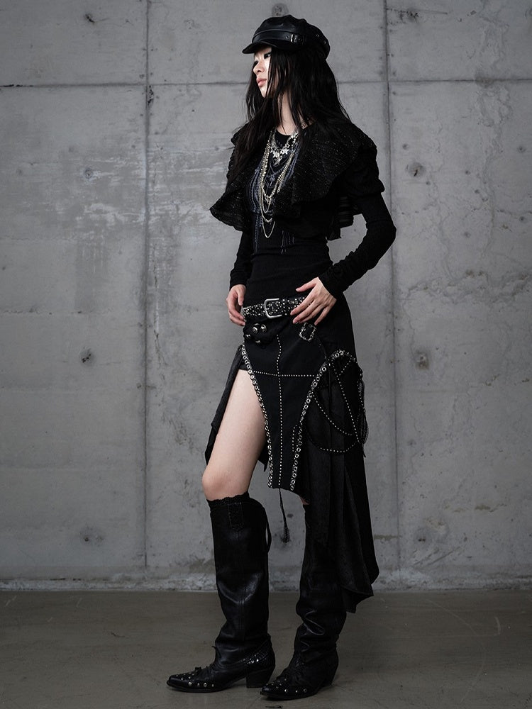 Rock mit Verzierungen PU Taschentuch Saum Punk Gothic Metal Schwarz
