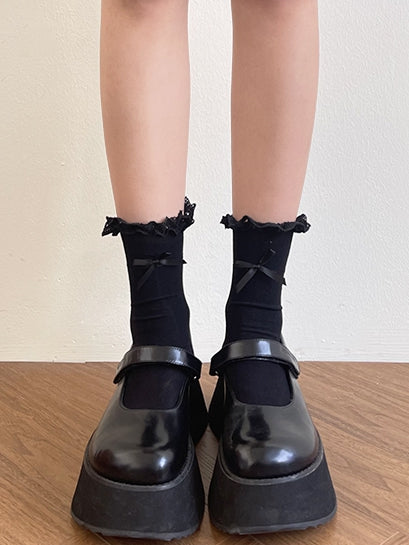 Bowknot Gelb/Beige/Schwarze Socken Lolita Light Trim Lace Verziert