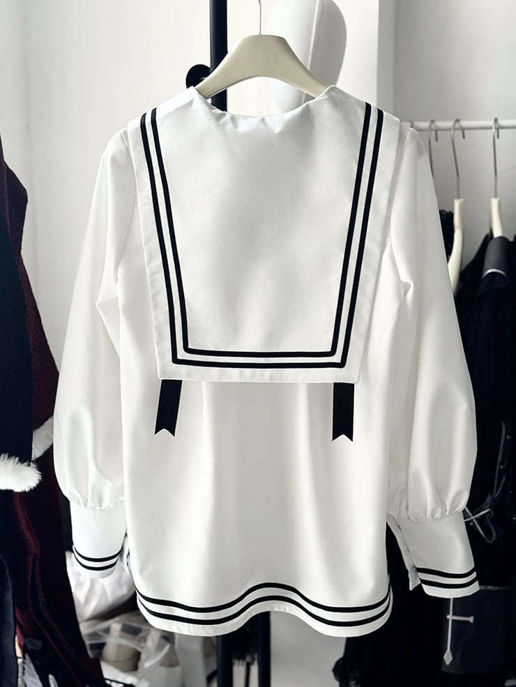 Shirt Sailor White and Collar Long Sleeves Black Shorts