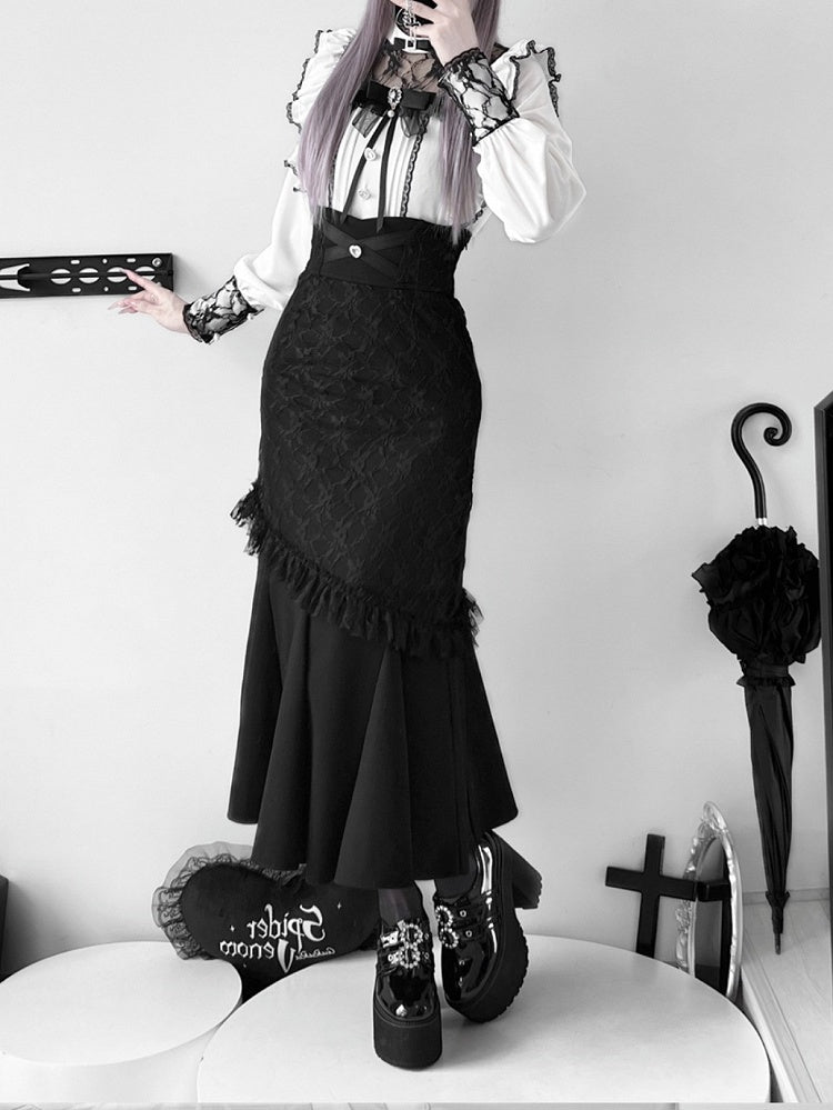 Blouse with White Illusion Neckline Pleating Details Jirai Kei Bow Tie