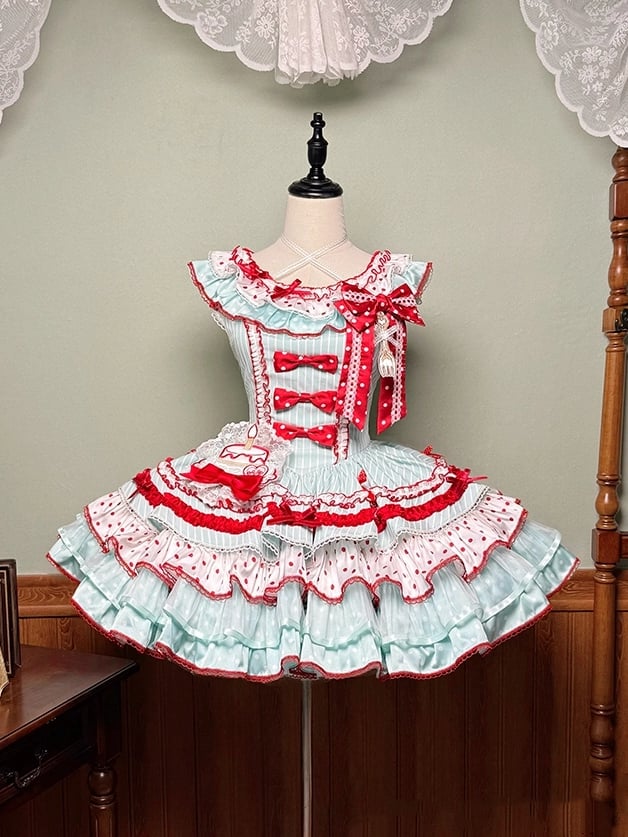 Red and Skirt Green Sweet Polka with Accents Bow Tiered Dots Stripes Dress Lolita