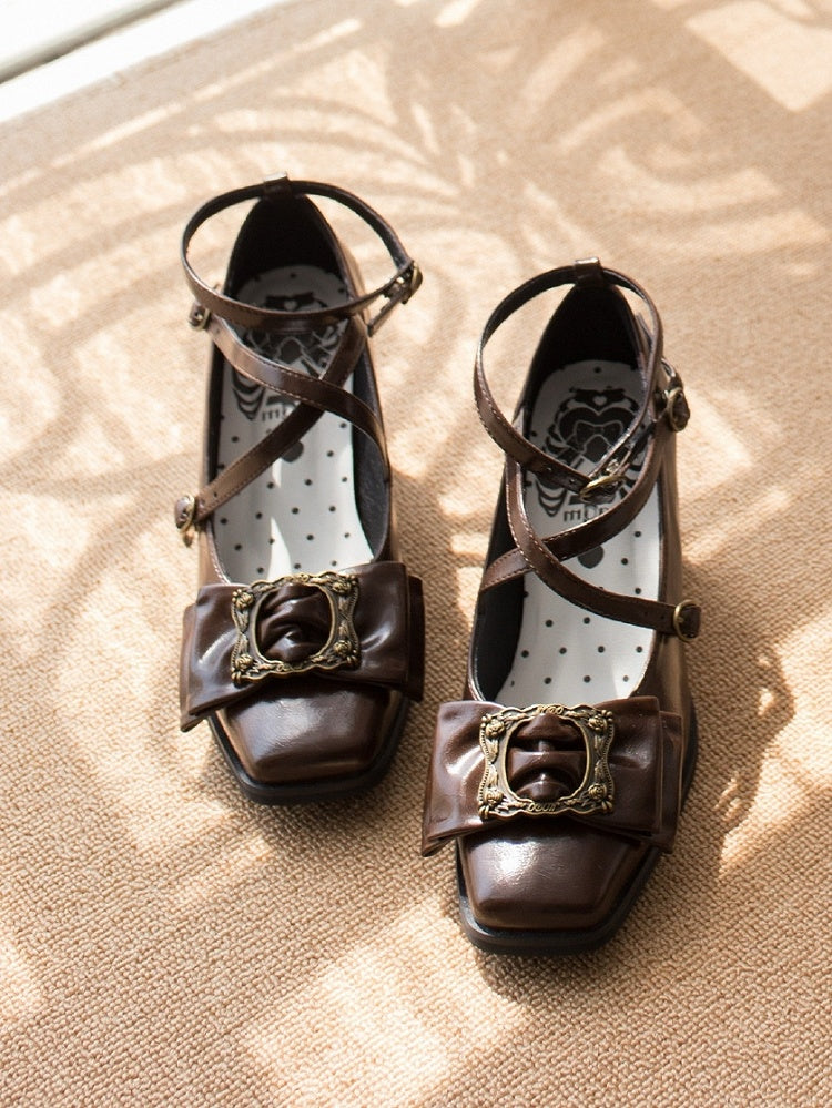 Toe Picture Heels Middle Crisscross at Square Frame - Straps Design Bow Buckle Elegant Top Brown Lolita