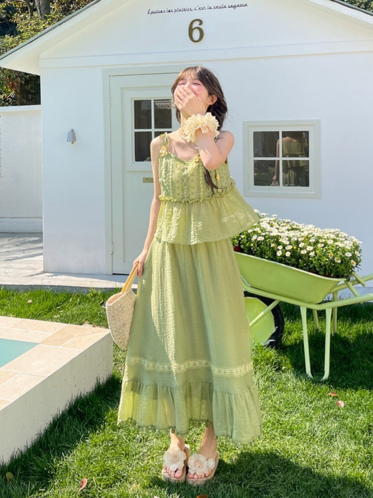 Cami Top Mori Kei Green Knitted Floral Accents