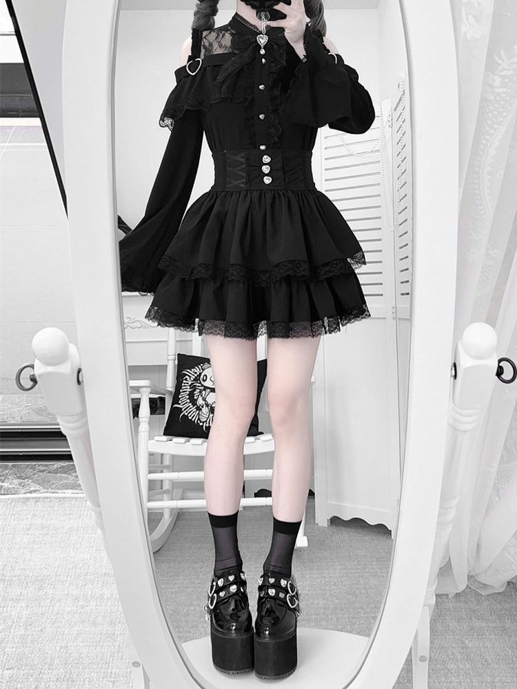 Offenes Jirai Kei Bell Shoulders Black Set: mit Top Three-Piece Sleeves All