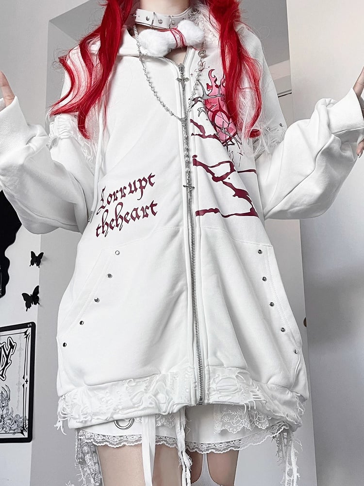 Guro Cat Print Heart Decorated Zip-up And Ear Hoodie White Letter Kawaii Studs