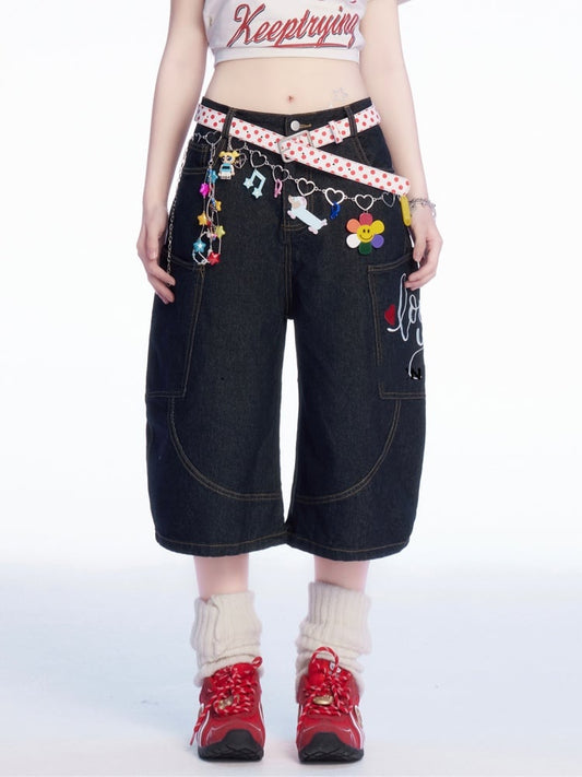 Waist Heart Embroidery Wide-leg Cargo Jeans Black Low
