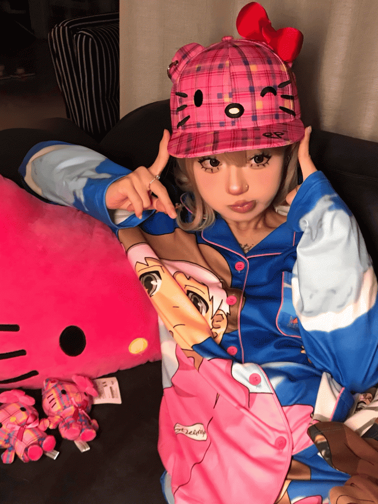 Pink karierte Kitty verstellbare Baseballkappe mit abnehmbarer Schleife