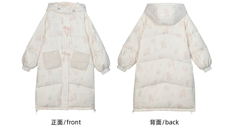 Cute Lamb Print White Hooded Down Jacket Short/Long Version