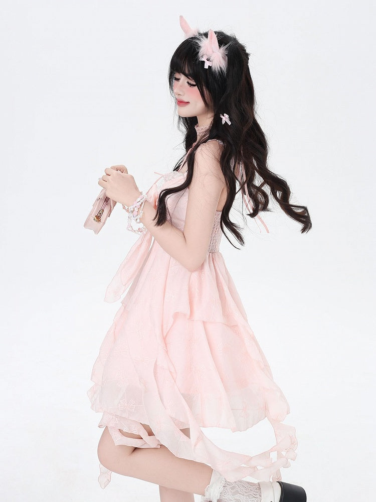 Pink Cascading Ruffle Accents Bow Detail Front Sleeveless Dress