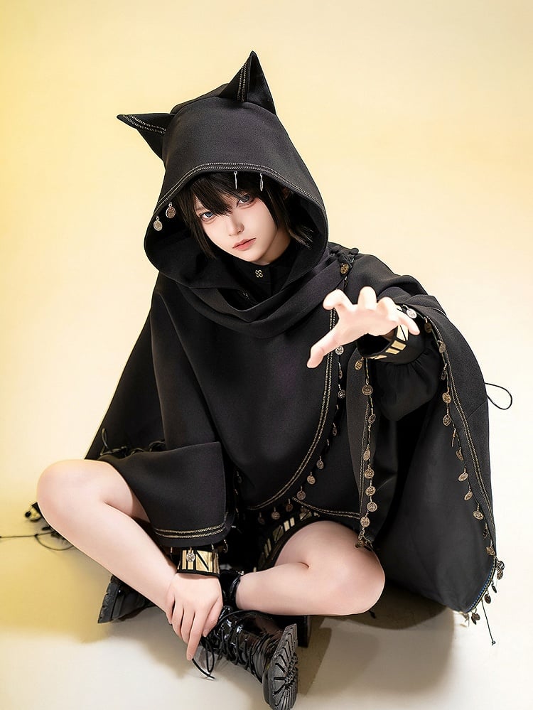 Fashion Cat High-low Ears Hem (Do Machine Black Ouji Not Wash) Cape Hooded