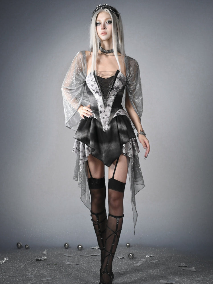 Futuristic Black Basque Waist Metal Y3K Hooded Dress Handkerchief Hem Chains Cyberpunk Fashion Front