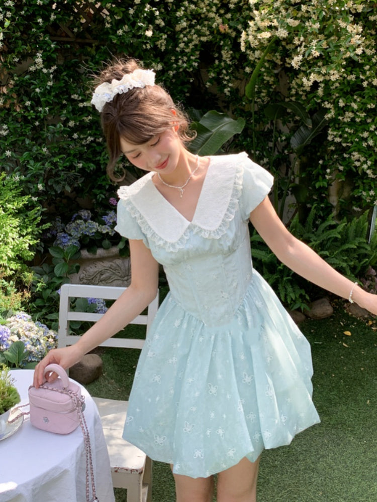 Bubble Blue Peter Pan Collar Basque Waist Allover Butterfly Embroidery Skirt Dress