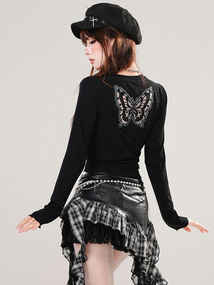 Haut court graphique en dentelle noire et blanche avec papillon dans le dos