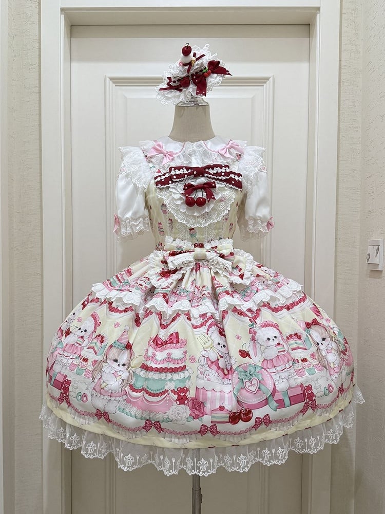 Sweet Dress Cakes Bunny Yellow Print and Skirt Lolita Jumper