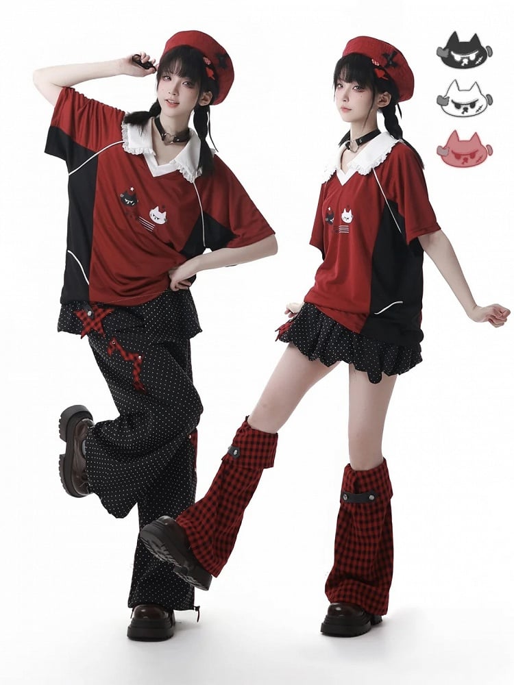 Cuffs Dot Casual Pants Red Plaid Star Applique Drawstring Black Polka