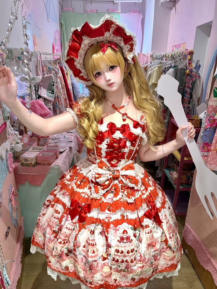 Set Sweet Print / Full Strawberry Lolita Bow Cake Dress Accents Red