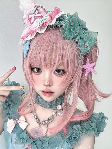 Claw Two Wigs With Bangs + Length Pink Shoulder Wavy Ponytails