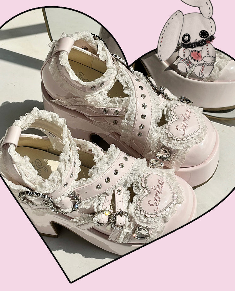 Rhinestone Decor Block Platform Heel with Heels: - Buckle Straps Kei Criss-Cross Pink Chunky Lace High Jirai