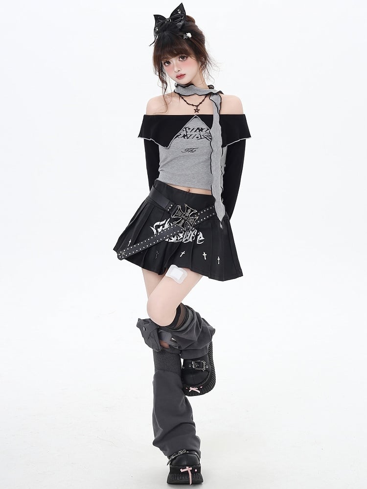 Graues, schulterfreies Crop-Top mit Buchstaben und kostenlosem Schal