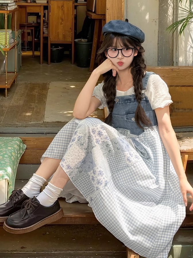 Mori Denim Overall Dress Blue Plaid and Floral Patchwork Design Kei
