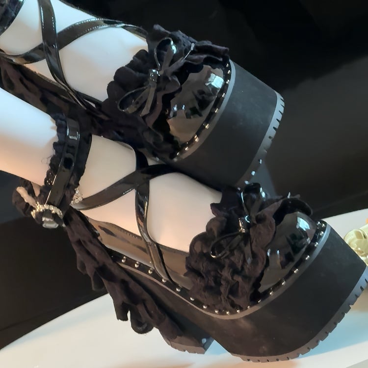 Lace High Platform Heart - with Vamp Black Gothic Buckle Block Knotted Multi-Layer Bow Heel Heels Rhinestone