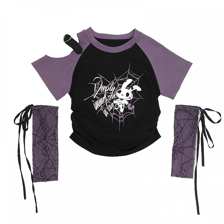 Free Red/Pink/Purple with T-Shirt Print Sleeves Y2K Cutout Shoulder Spiderweb