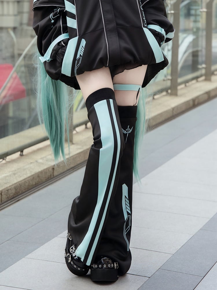 Schwarze und grüne Landmine Cyberpunk Overknee Beinwärmer