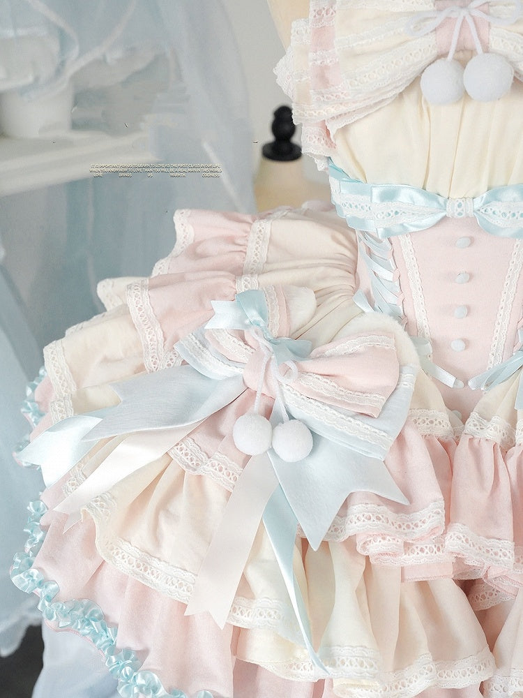 Mint Green Waist Pink Basque and Bowknots and Pompons Sweet Balletcore Puffy Lace-up Dress Decoration