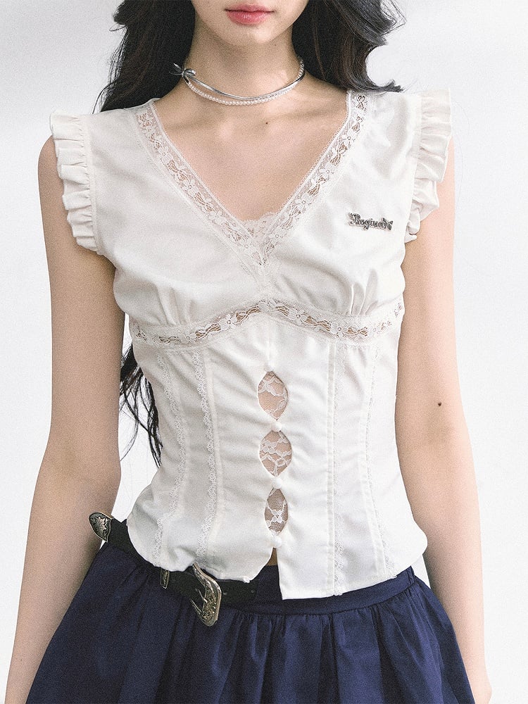 Lace White V-neck Cutout Details Patches Flutter Sleeves Top
