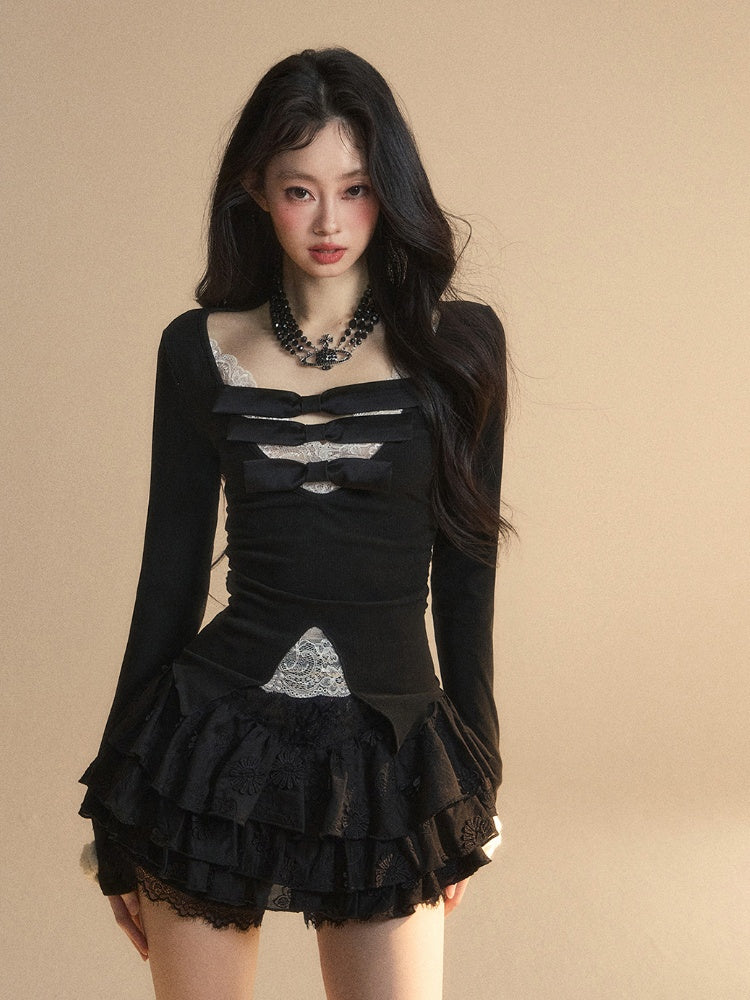 Lace Patches Glamorous Detail Contrast White Bowknots V-neck Black Knitted Top