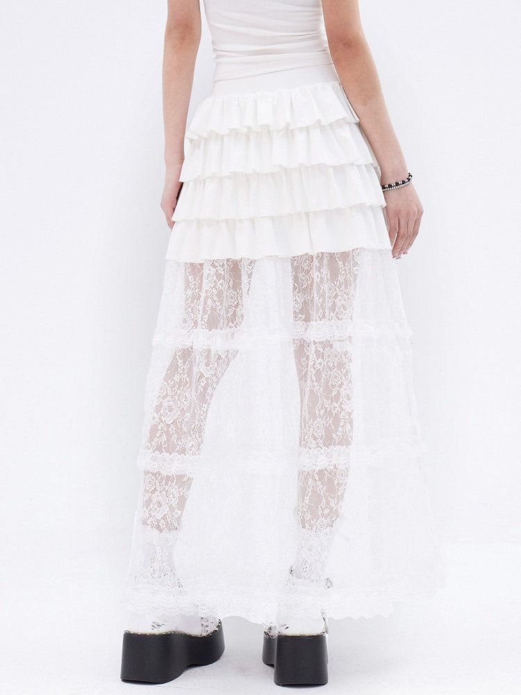 Long White Lace Skirt Hem Ruffle Tiered