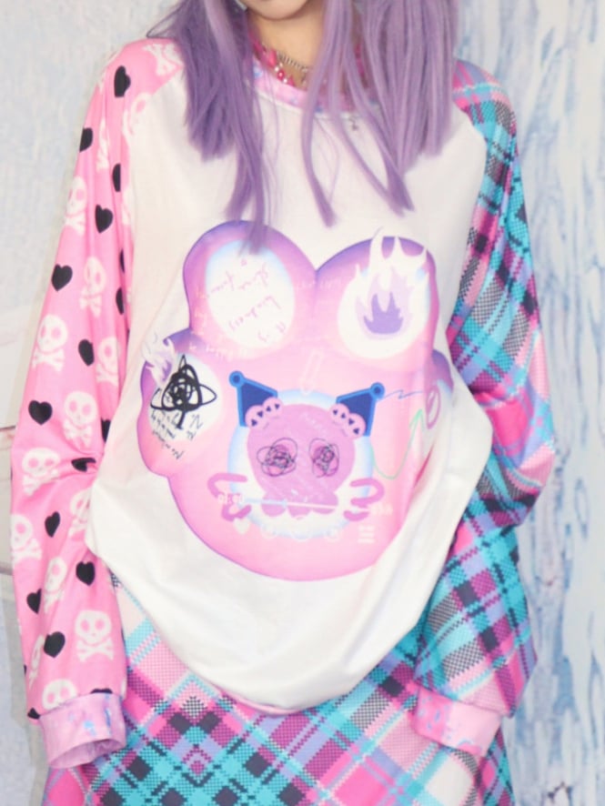 Top Sleeves Heart Pattern Y2K Cat Print Long And Skeleton Plaid White Claw