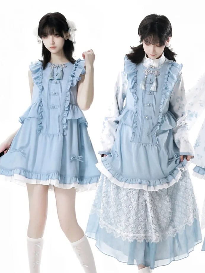 Rococo Back Buttons Style Blue Flutter Sleeves Big Sleeveless Dress Knot Cheongsam Details Tassel Bow